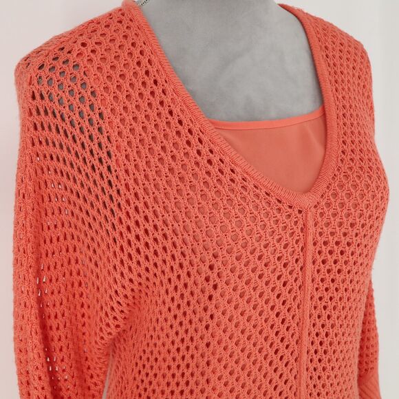 Chicos Sweater 0 Womens 4 Small Orange Fishnet Lined Tunic Rayon 3/4 Sleeve - Picture 6 of 12
